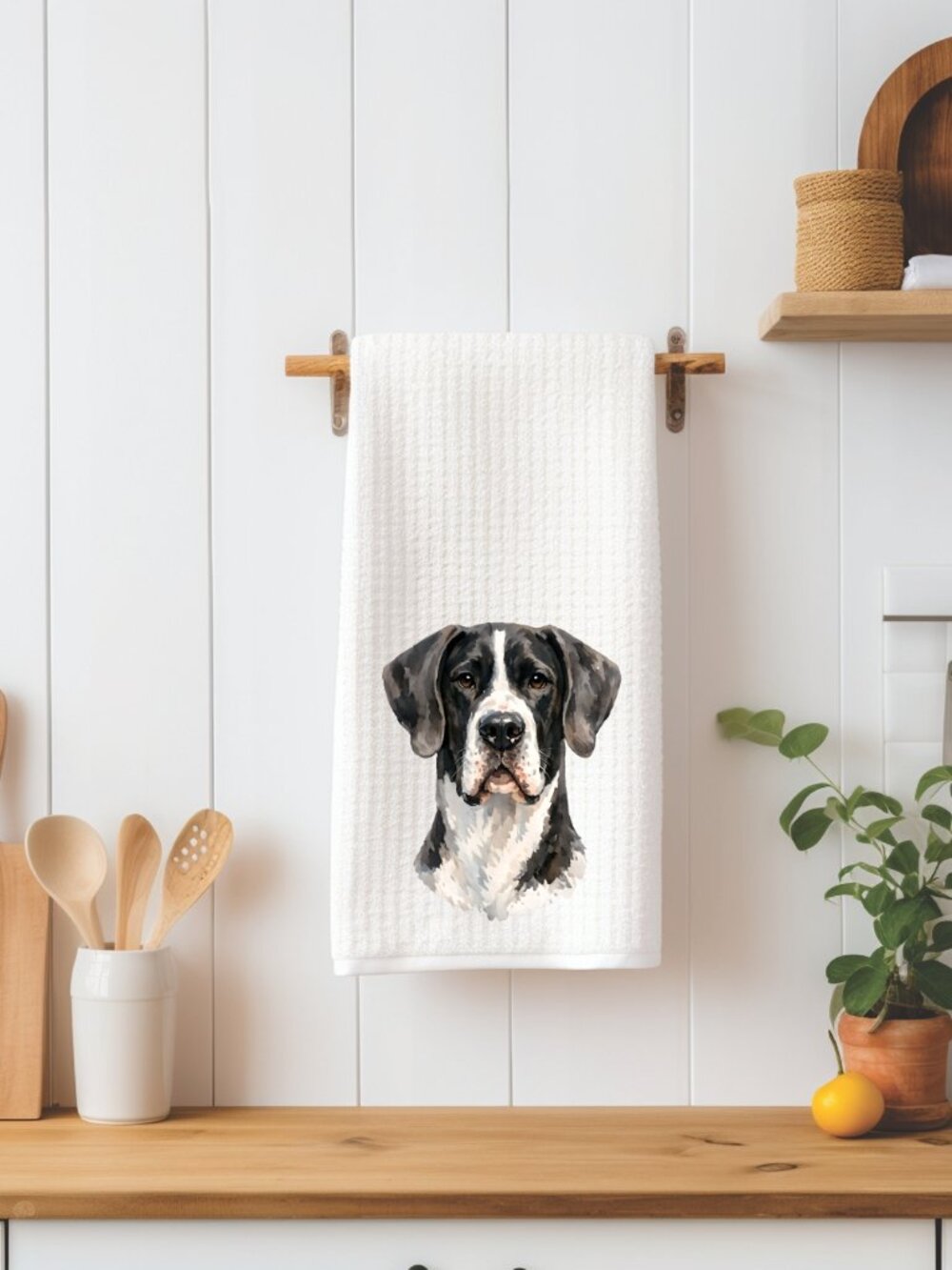 Black & White Great Dane Dog Waffle Weave Decorative Kitchen Tea Towel